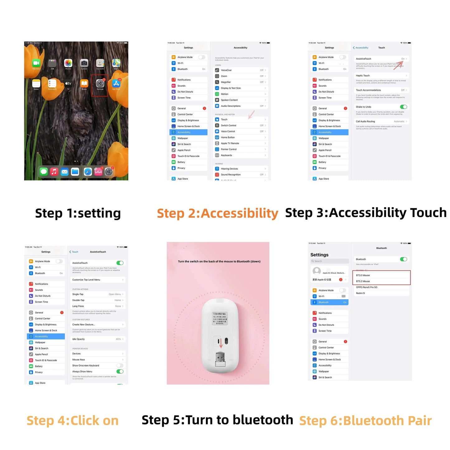 Instructions for setting up a rechargeable Bluetooth wireless mouse on a device