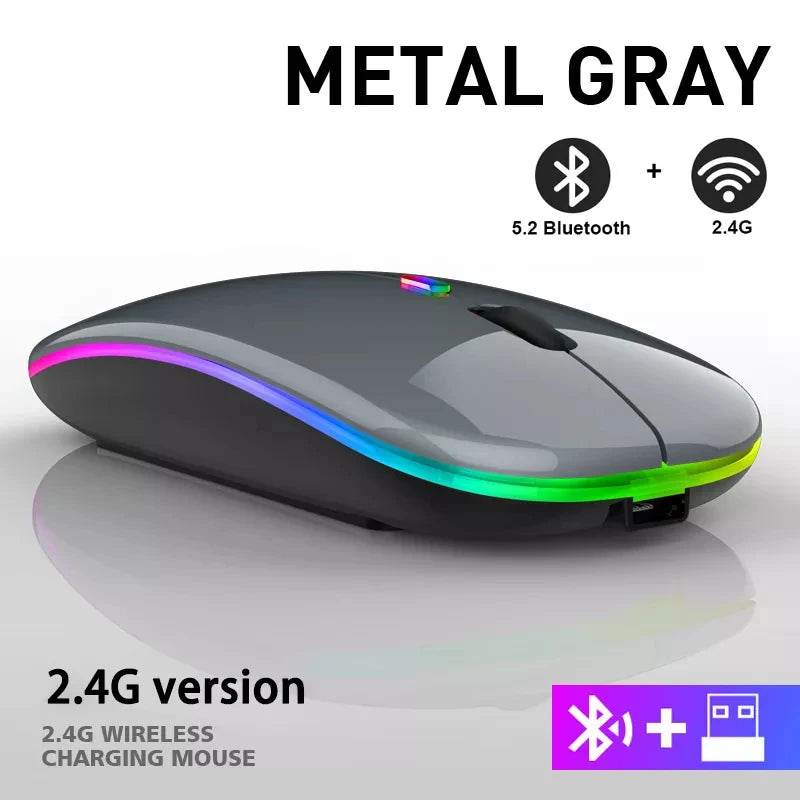 Metal gray rechargeable Bluetooth wireless mouse with colorful LED lights and 2.4G connectivity