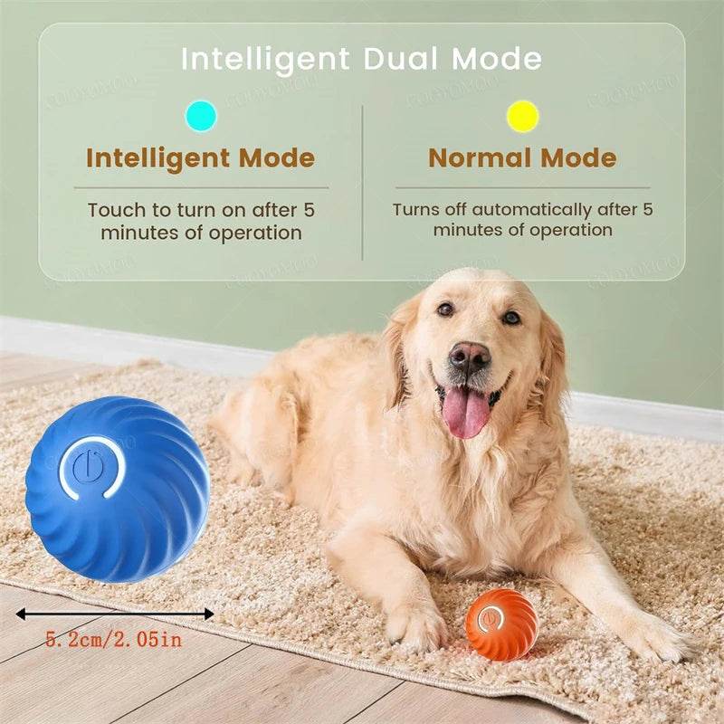 Intelligent dual mode smart moving dog toy with a golden retriever playing on the floor