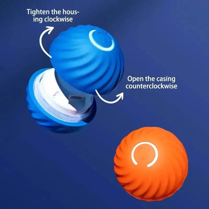 Fitzsi Essentials smart moving dog toy showcasing the opening mechanism in blue and orange colors