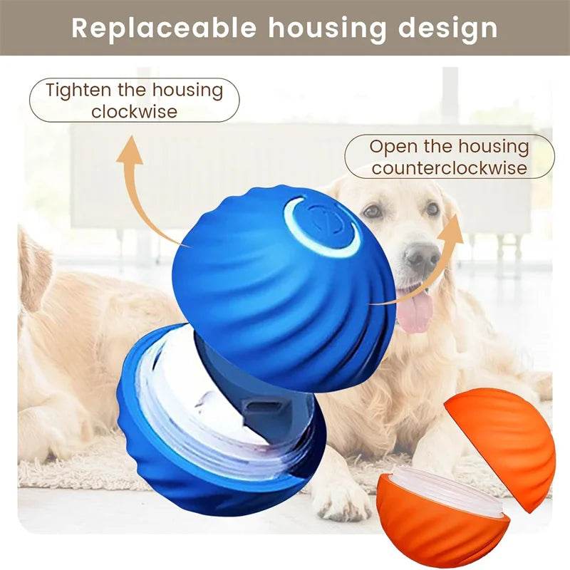 Smart moving dog toy with replaceable housing design in blue and orange for interactive play and engagement