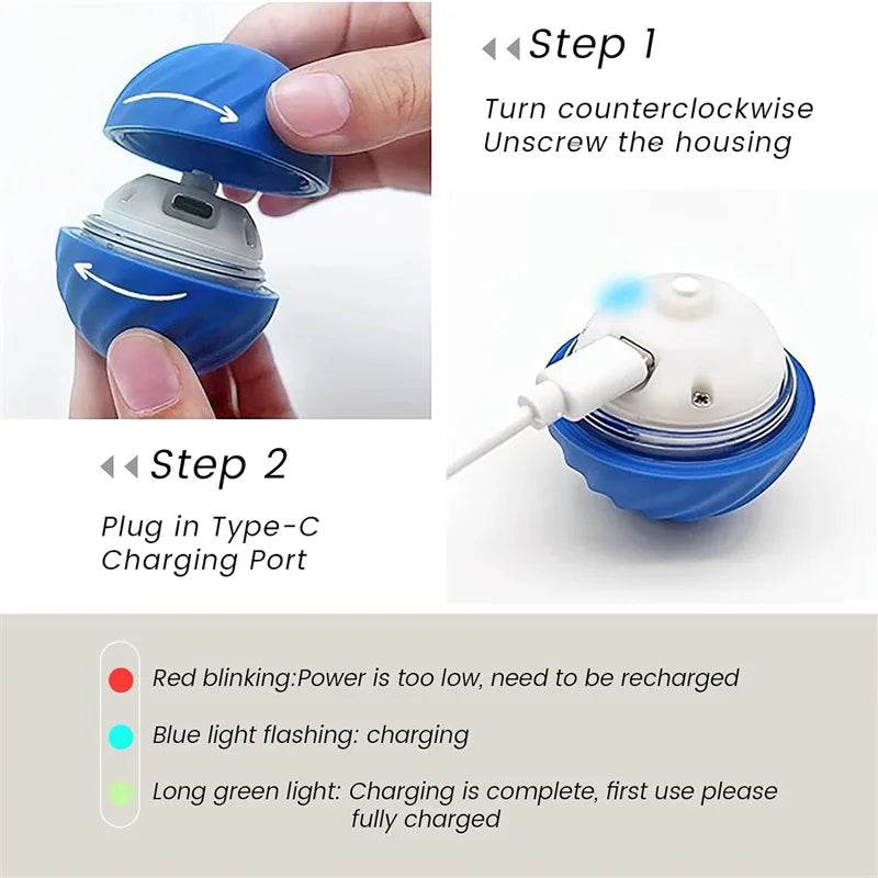 Instructions for the smart moving dog toy showing charging steps and indicator lights