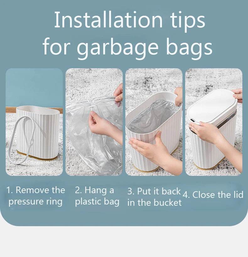Installation tips for Fitzsi Essentials smart tech waste bin showing steps for garbage bag setup
