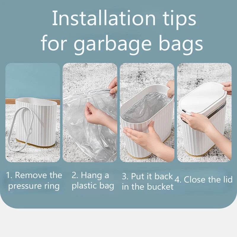Installation guide for a smart tech waste bin with four steps for attaching garbage bags