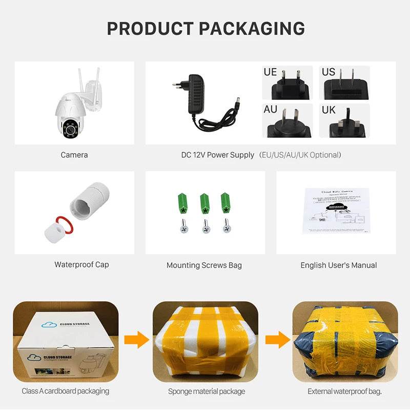Fitzsi Essentials Tuya Smart Outdoor Camera packaging with power supply, waterproof cap, and user manual