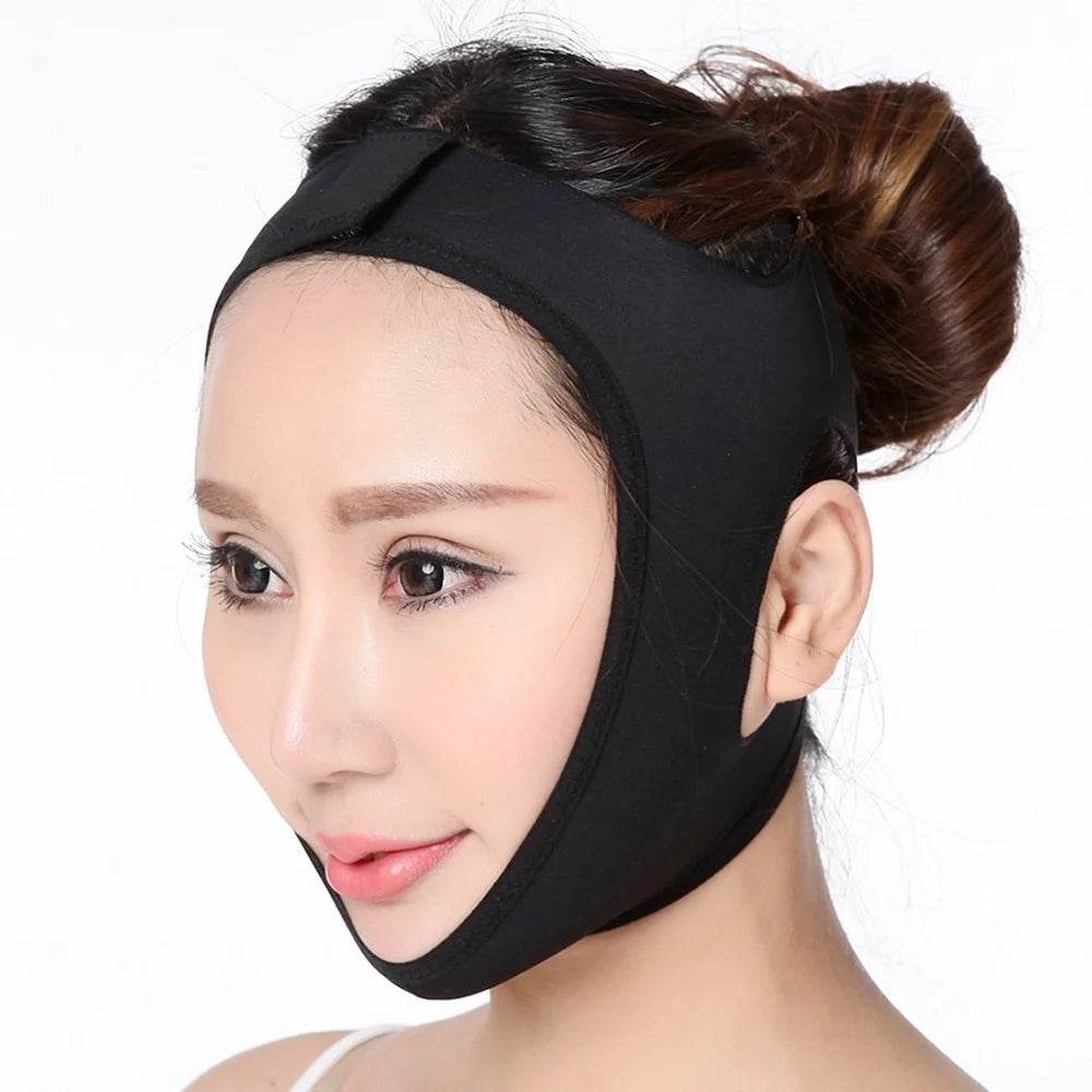 Black V line face slimming band designed to enhance jawline and improve facial contours