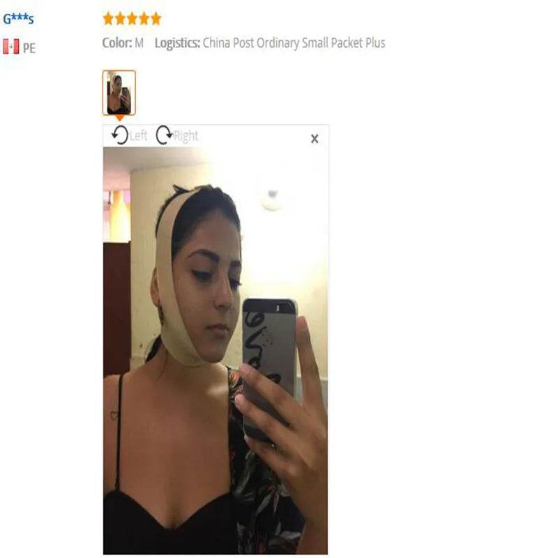 V line face slimming band worn by a woman in a mirror selfie for effective facial contouring