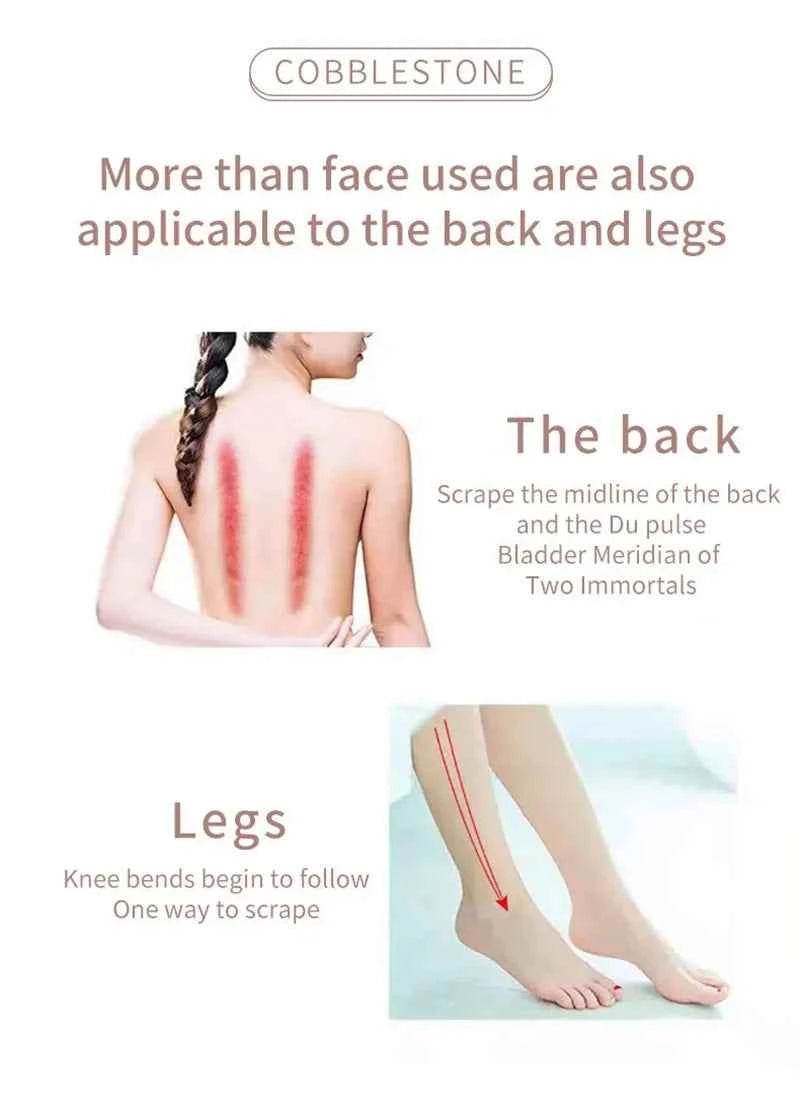 Instructions for using the face neck massager roller on the back and legs with diagram