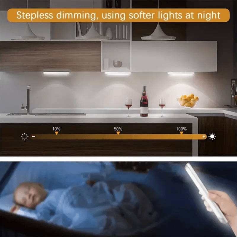 Fitzsi Essentials intelligent sensing light strip showcasing stepless dimming feature in a modern kitchen
