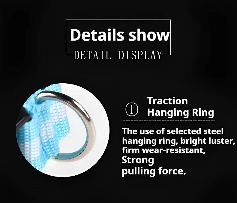 Nylon LED pet collar featuring a durable steel hanging ring for strong pulling force