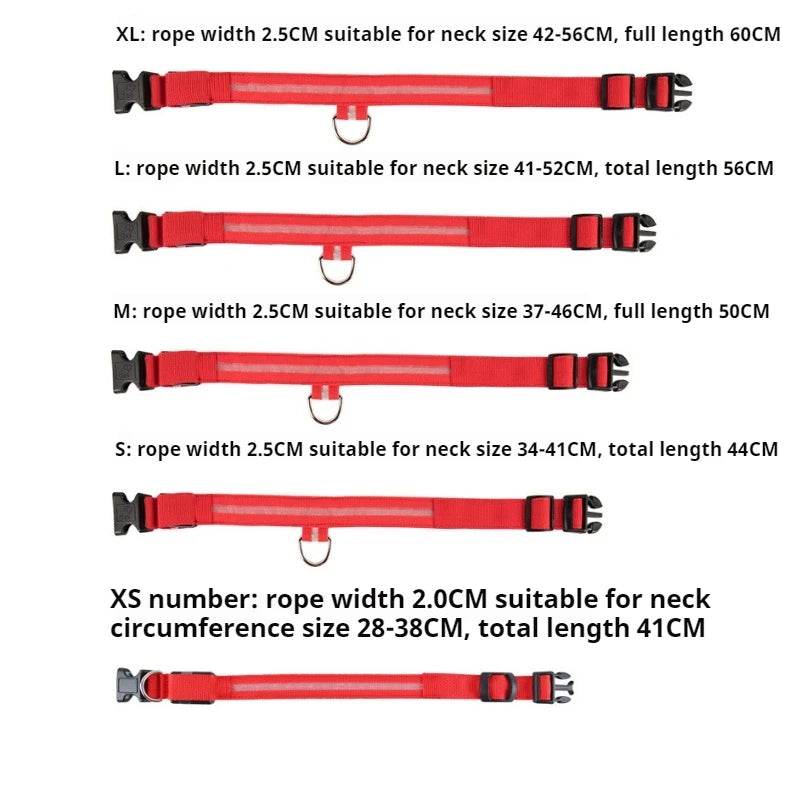 Sizing guide for nylon LED pet collar with various lengths and neck size options for pets