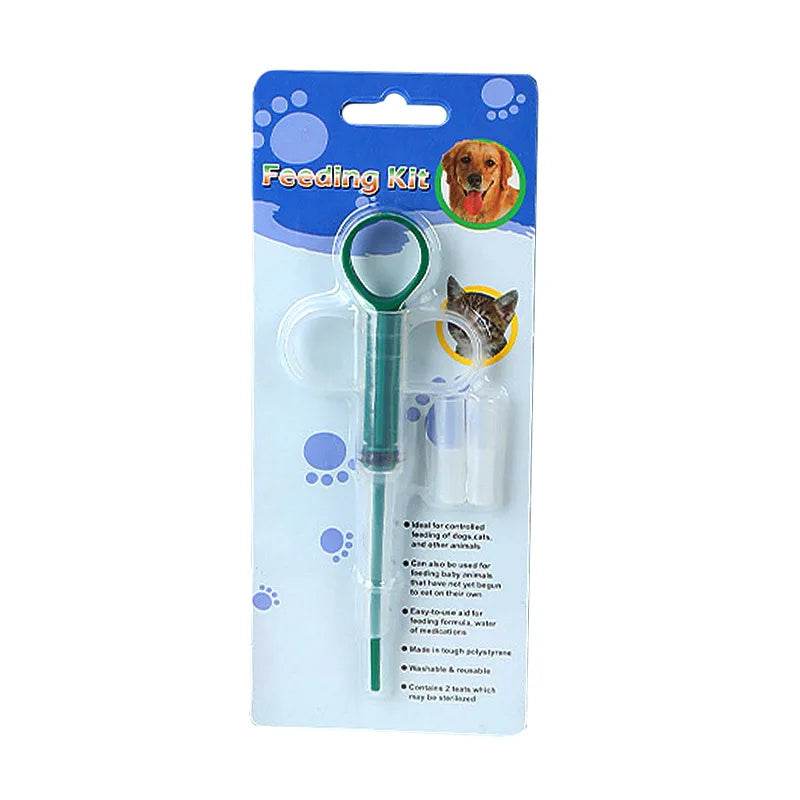 Pet pill syringe gun for easy medication delivery to dogs and cats with clear instructions on packaging
