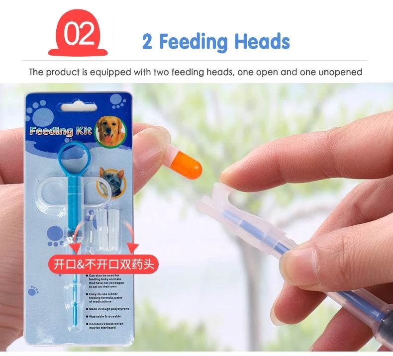 Fitzsi Essentials pet pill syringe gun featuring two feeding heads for easy pet medication delivery