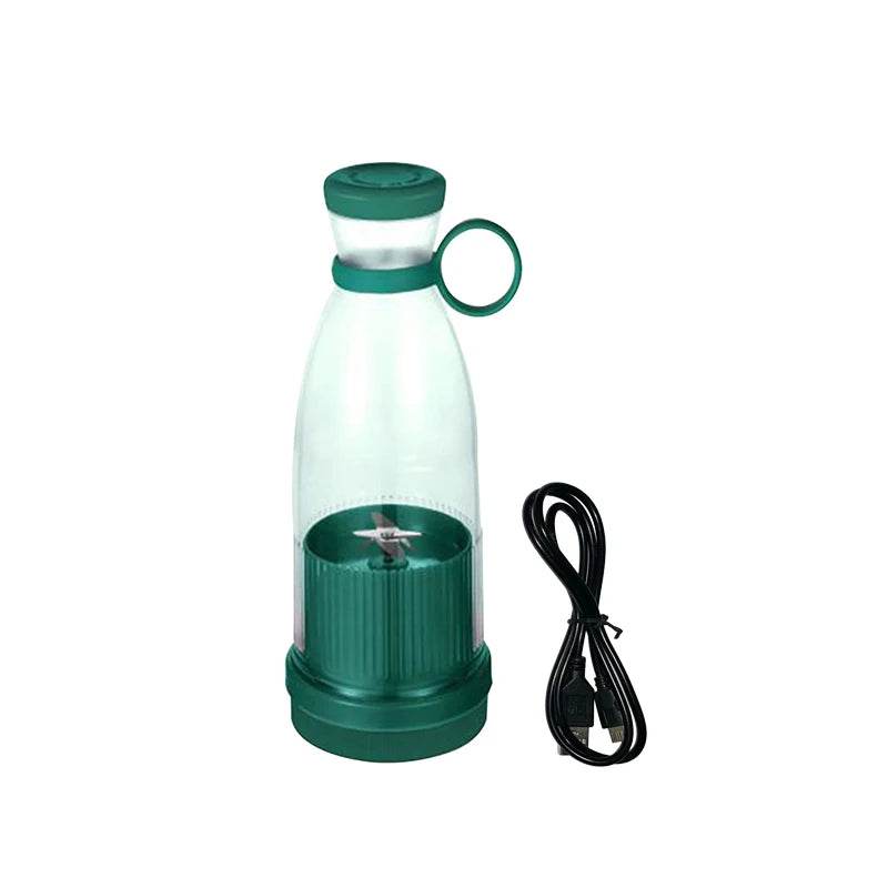 Green portable fruit juicer bottle with USB charging cable for on-the-go smoothies