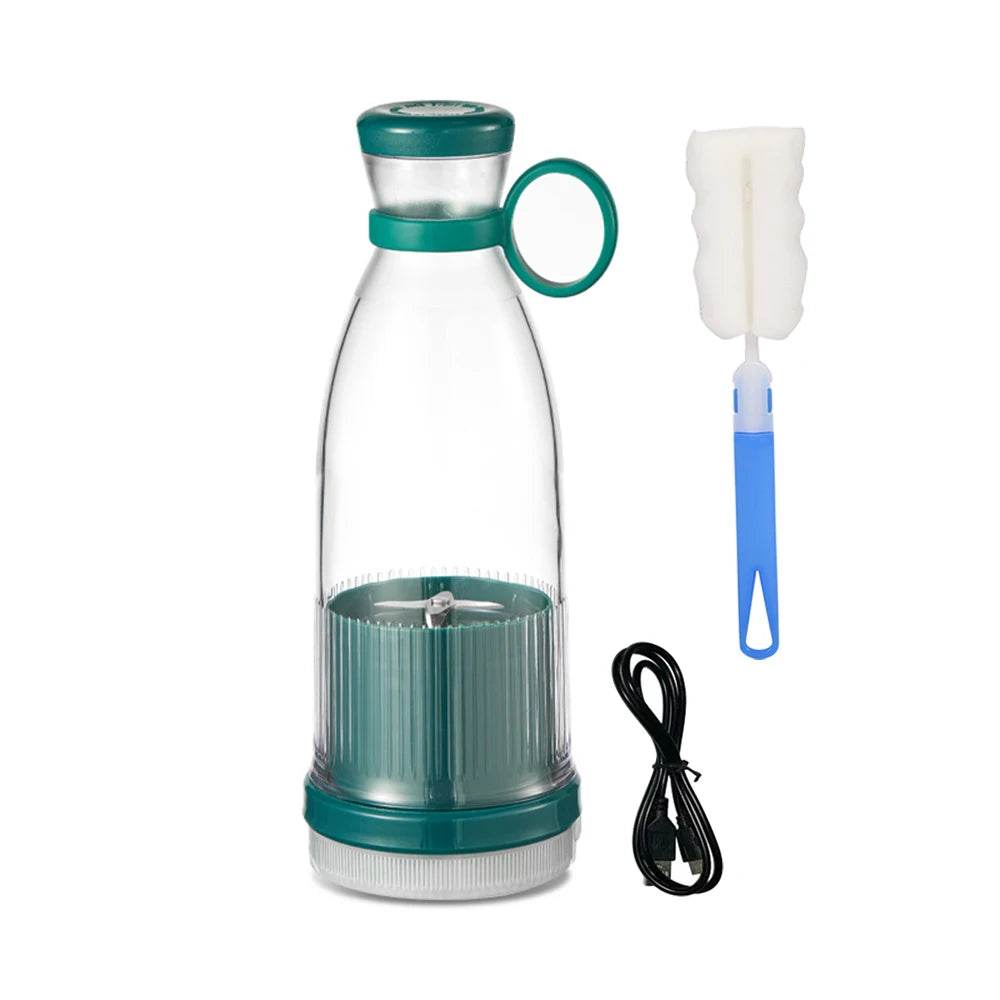 Fitzsi Essentials portable fruit juicer bottle with cleaning brush and USB charging cable