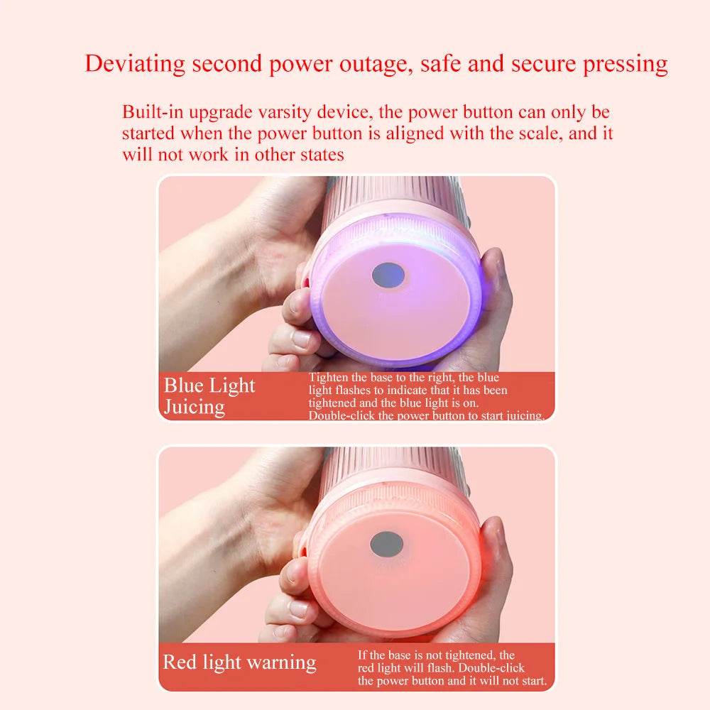 Portable fruit juicer bottle with safety features and LED indicator for juicing and alerts