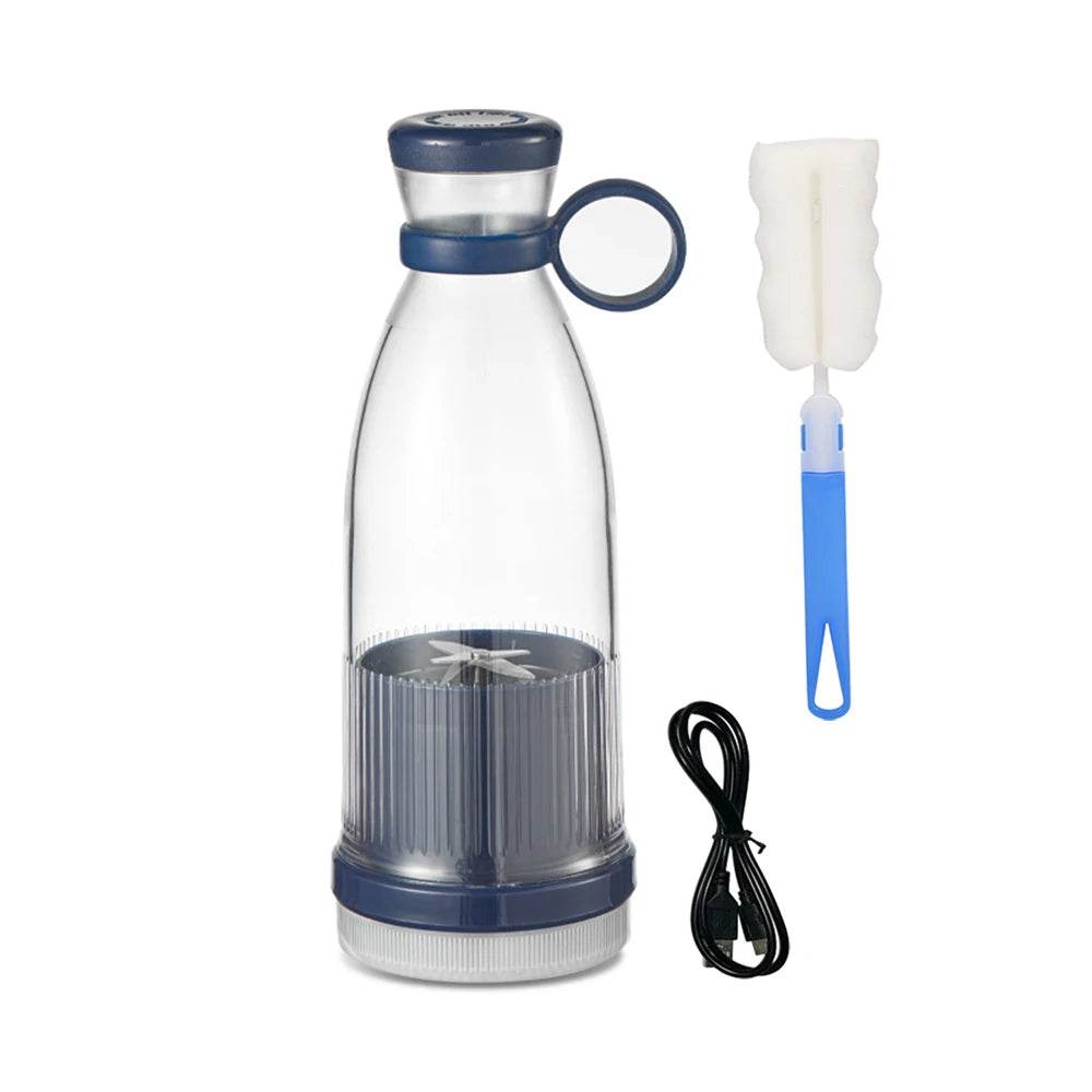 Clear portable fruit juicer bottle with a cleaning brush and charging cable for easy blending on the go
