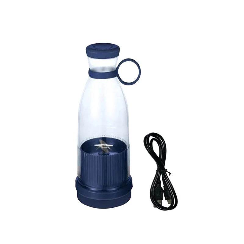 Fitzsi Essentials portable fruit juicer bottle in clear and navy with USB charging cable for smoothies on-the-go