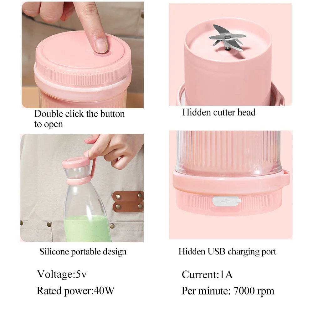 Fitzsi Essentials portable fruit juicer bottle in pink with hidden cutter head and USB charging port