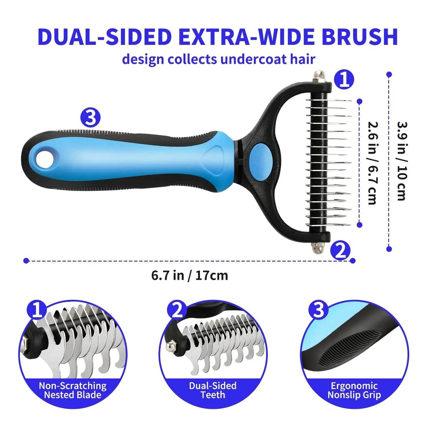 Dual-Sided Extra-Wide Professional Pet Deshedding Brush with Non-Scratching Blade and Ergonomic Grip