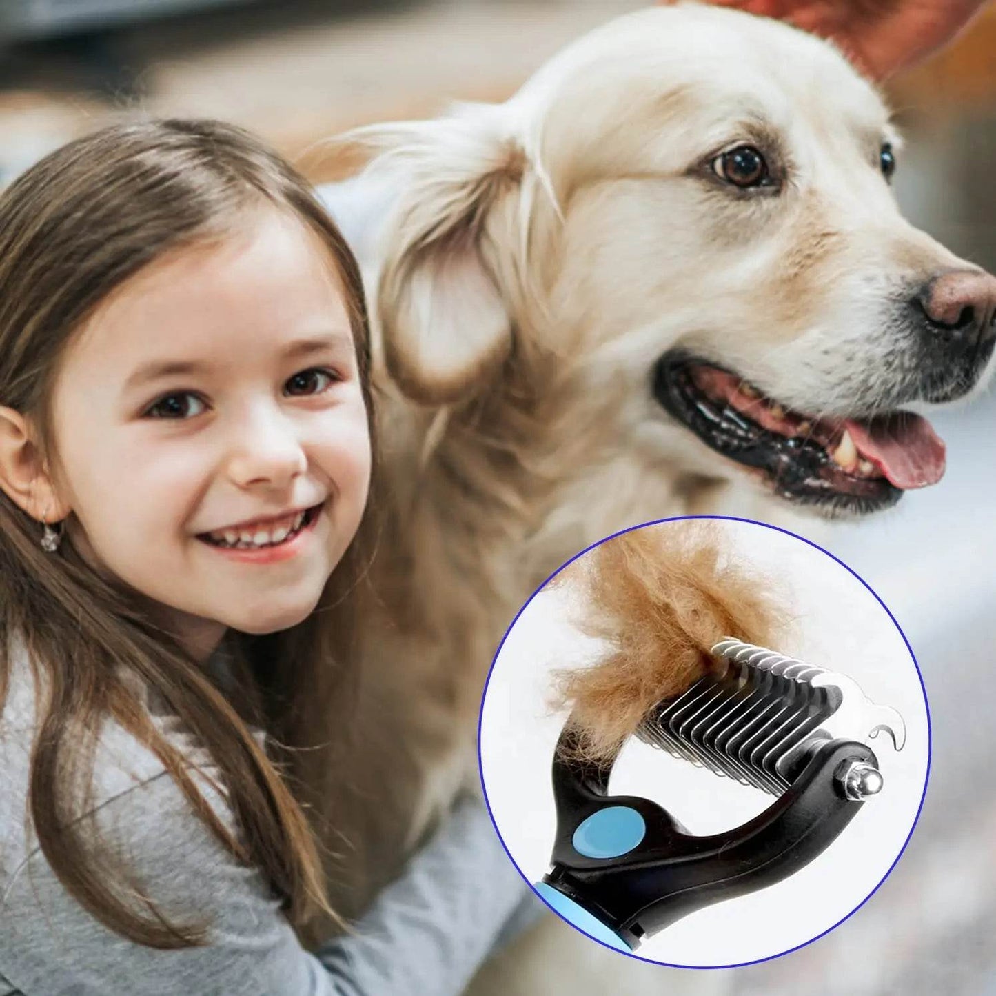 Fitzsi Essentials professional pet deshedding brush used on a golden retriever for effective fur removal