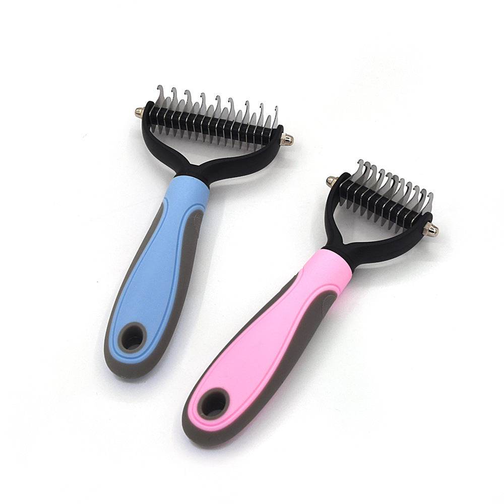 Set of two professional pet deshedding brushes with ergonomic handles in blue and pink