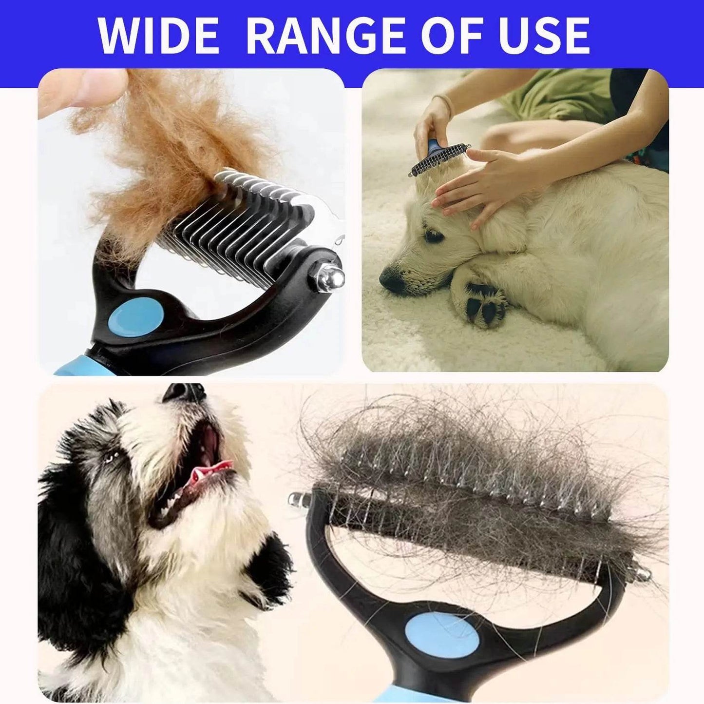 Fitzsi Essentials professional pet deshedding brush removing loose fur from dogs and cats
