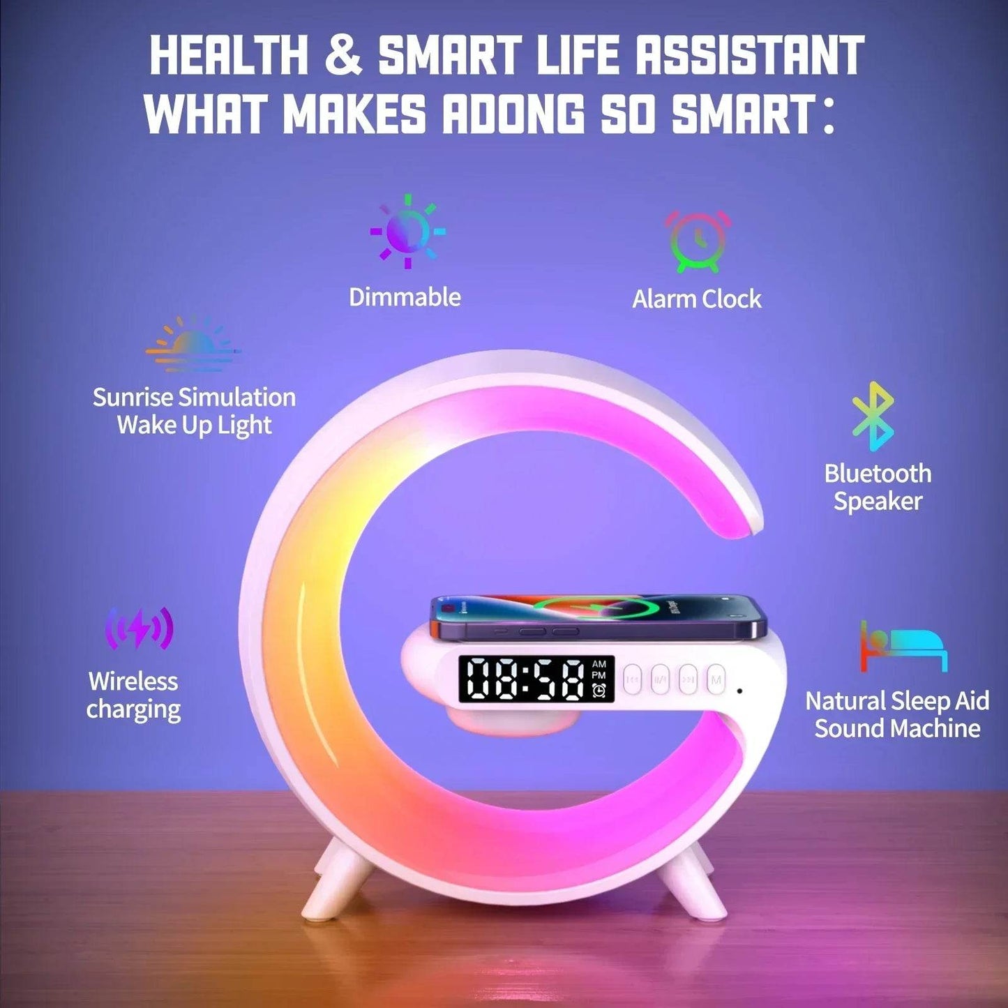 Fitzsi Essentials multifunctional RGB alarm clock with dimmable light and wireless charging features