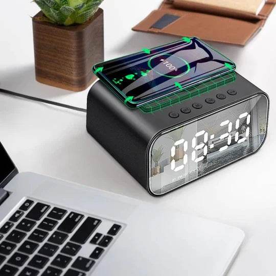 Voice control wooden alarm clock with wireless charging feature and large LED display