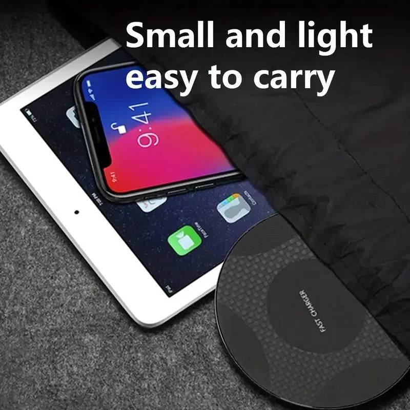 Fitzsi Essentials wireless charging pad for mobile, compact design ideal for travel with a smartphone and tablet