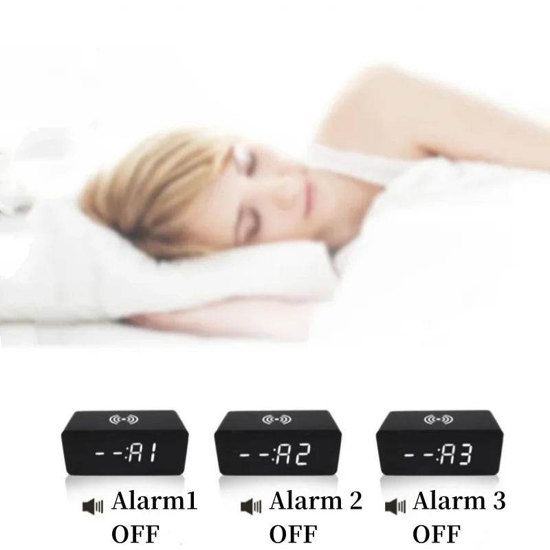 Fitzsi Essentials voice control wooden alarm clock with digital display and three alarm settings