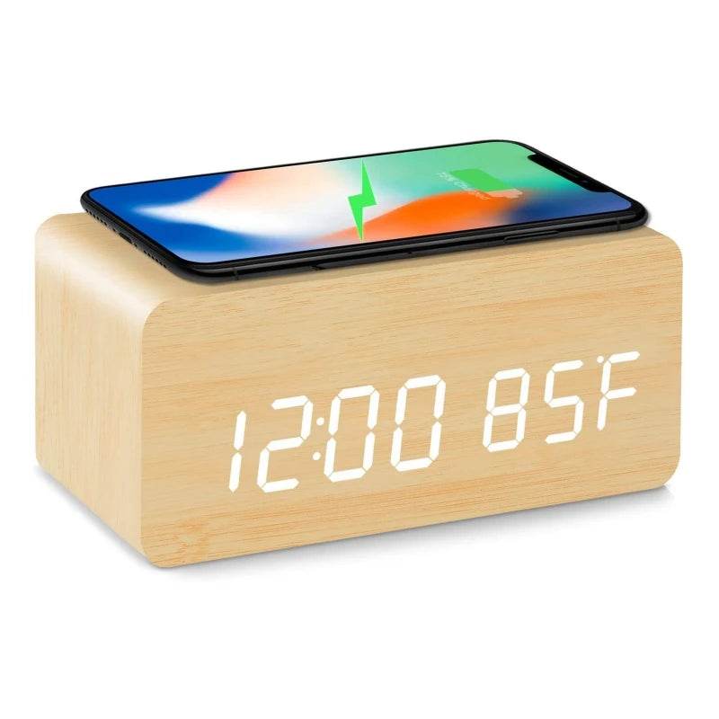 Fitzsi Essentials voice control wooden alarm clock with digital display and smartphone charging on top