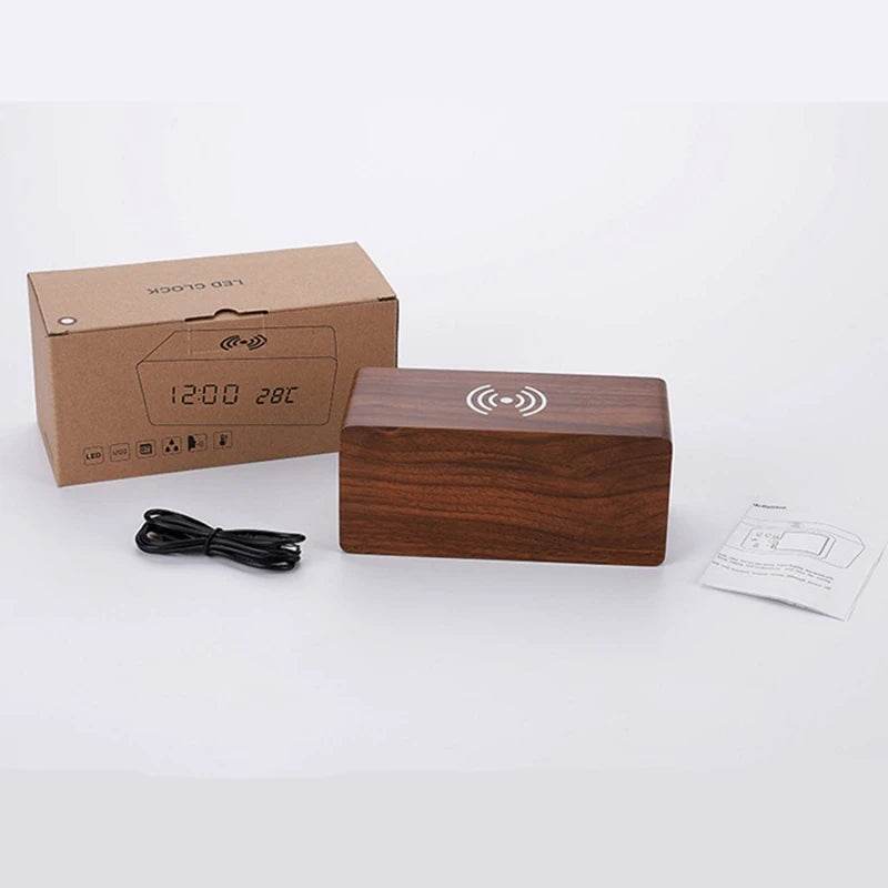 Fitzsi Essentials voice control wooden alarm clock with a modern design and LED display, includes packaging and accessories