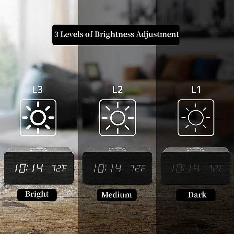 Fitzsi Essentials voice control wooden alarm clock with three adjustable brightness settings for optimal visibility