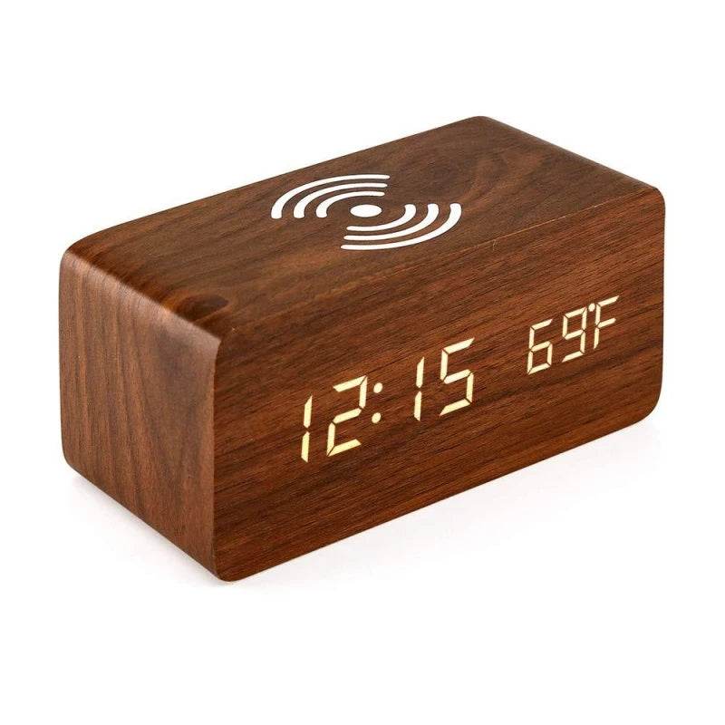 Voice control wooden alarm clock with LED display showing time and temperature in a sleek design