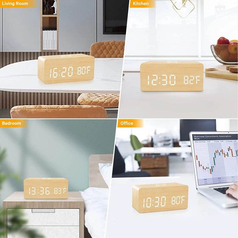 Fitzsi Essentials voice control wooden alarm clock with temperature display in various room settings
