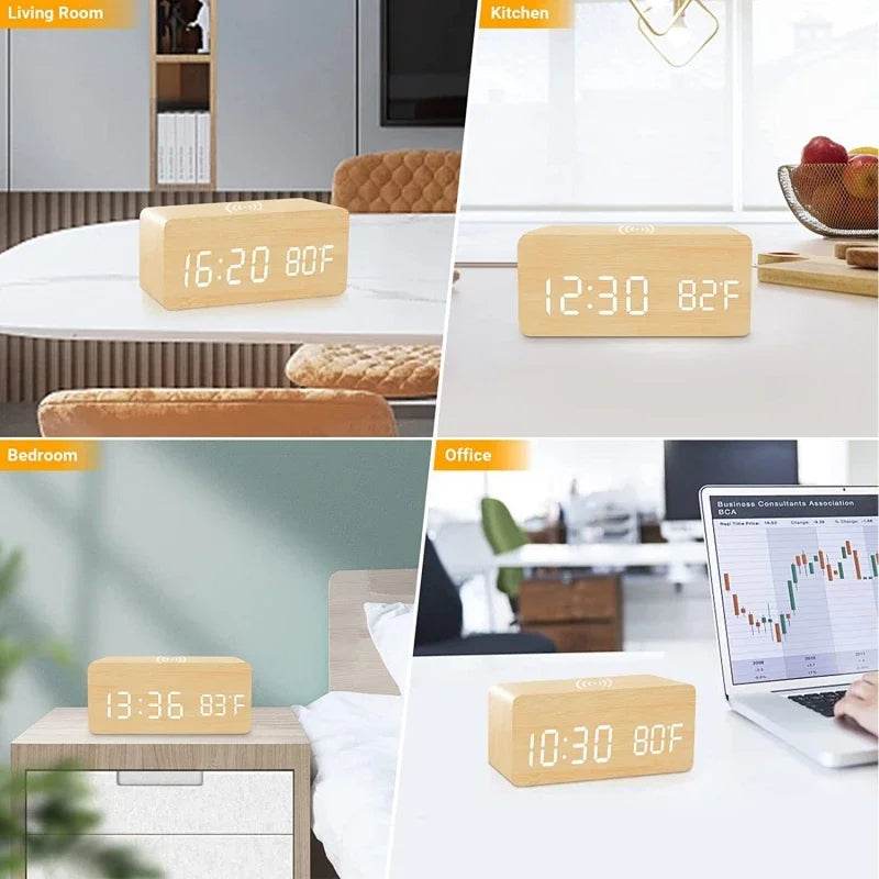Voice control wooden alarm clock displayed in a living room, kitchen, bedroom, and office setting