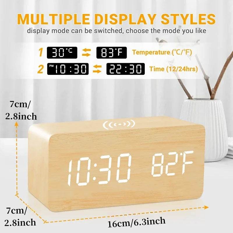 Voice control wooden alarm clock with multiple display styles showing time and temperature