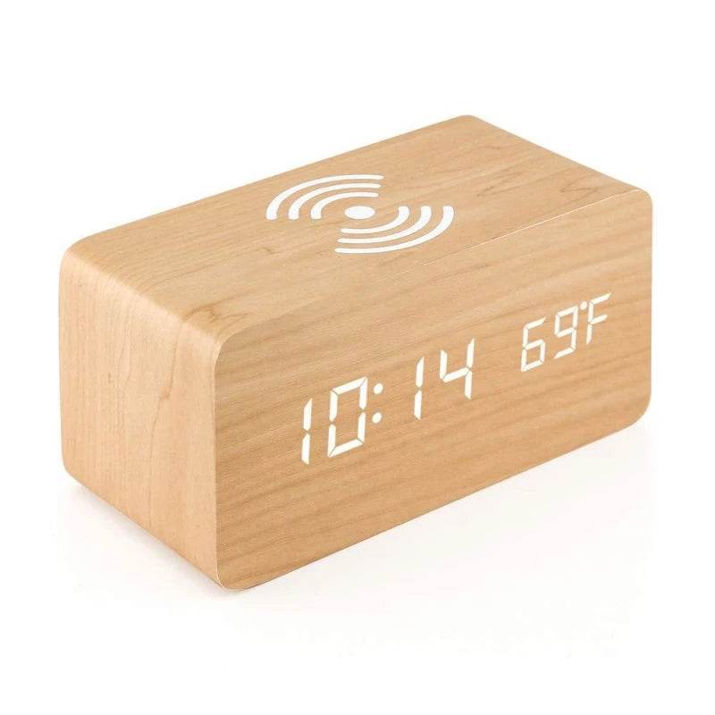 Fitzsi Essentials voice control wooden alarm clock displaying time and temperature in a sleek design