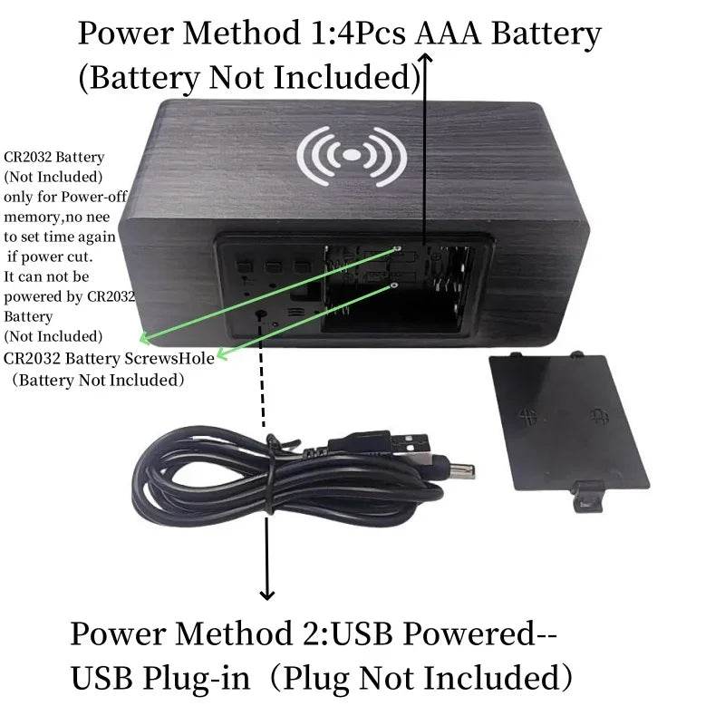 Voice control wooden alarm clock with USB power option and battery compartment for convenient use