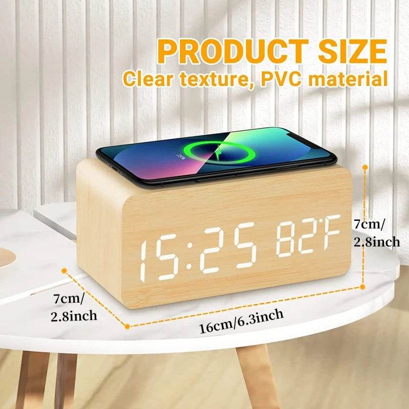 Fitzsi Essentials voice control wooden alarm clock with clear display and wireless phone charging feature