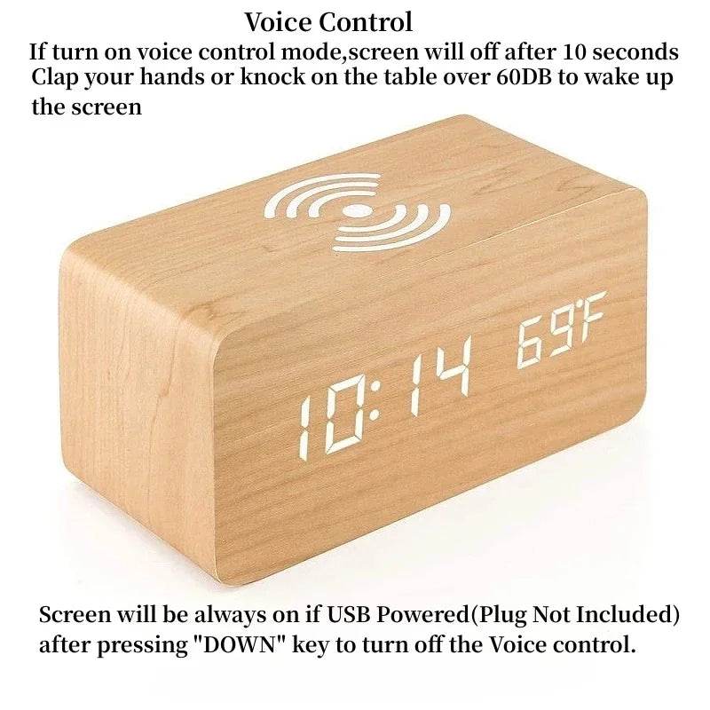 Voice control wooden alarm clock with LED display showing time and temperature features
