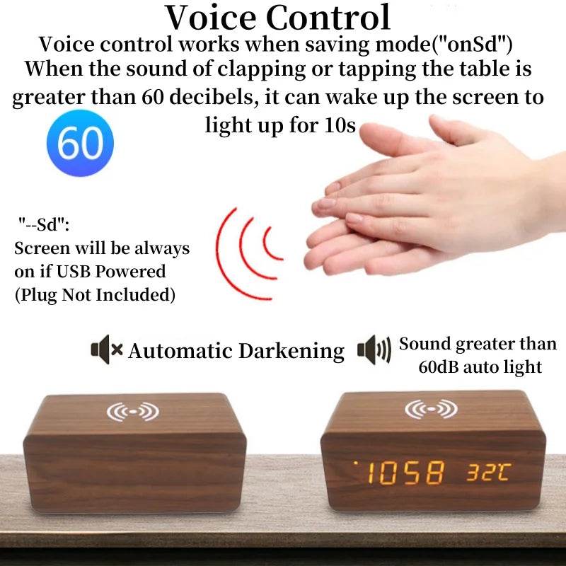Voice control wooden alarm clock featuring automatic lighting and darkening functions for convenience