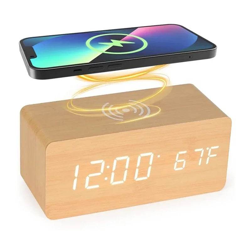 Voice control wooden alarm clock with wireless charging for smartphones and LED display