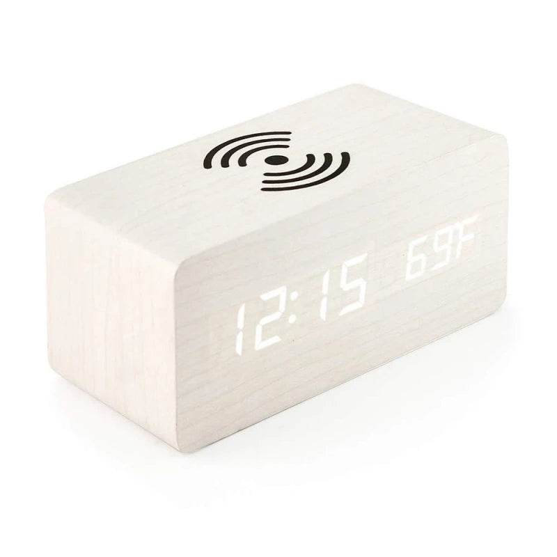 Stylish voice control wooden alarm clock with LED display showing time and temperature