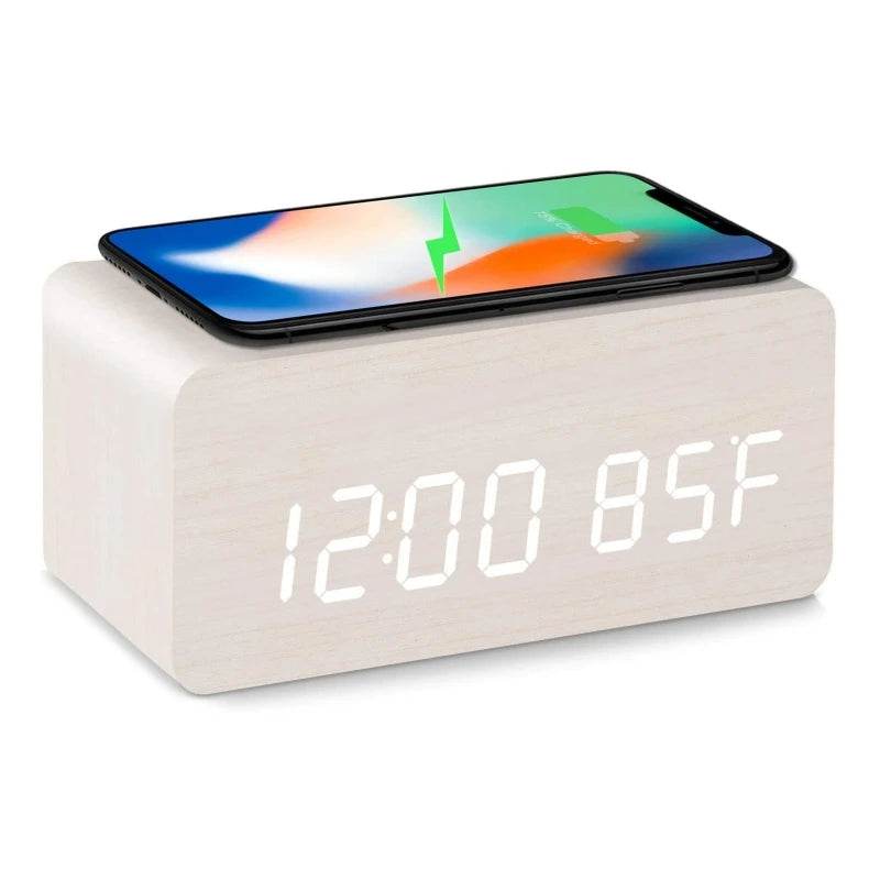 Fitzsi Essentials voice control wooden alarm clock with wireless charging and temperature display in a modern design