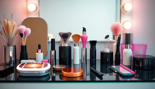 Vanity table showcasing the latest beauty tech trends with various makeup tools and products