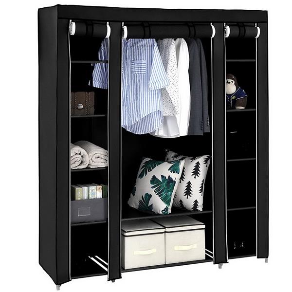 Portable Fabric Wardrobe with Hanging Rail & 12 Shelves – Black