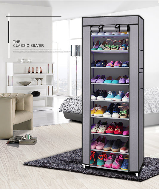 Portable 9-Compartment Shoe Rack with Cover – Grey