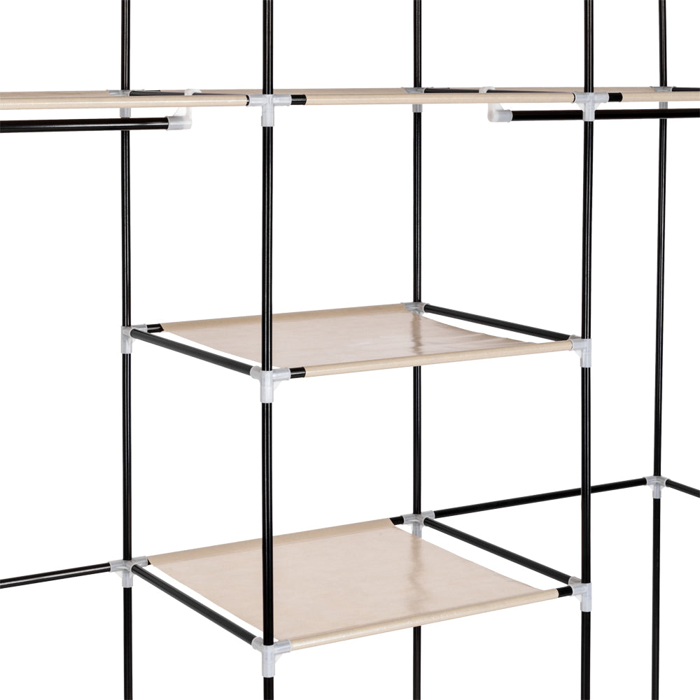 Portable Fabric Wardrobe with 2 Hanging Rails & 9 Shelves – Beige